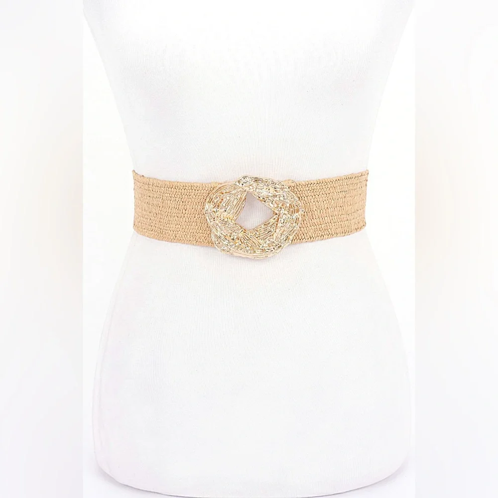 Gold & Tan Woven Straw Statement Belt